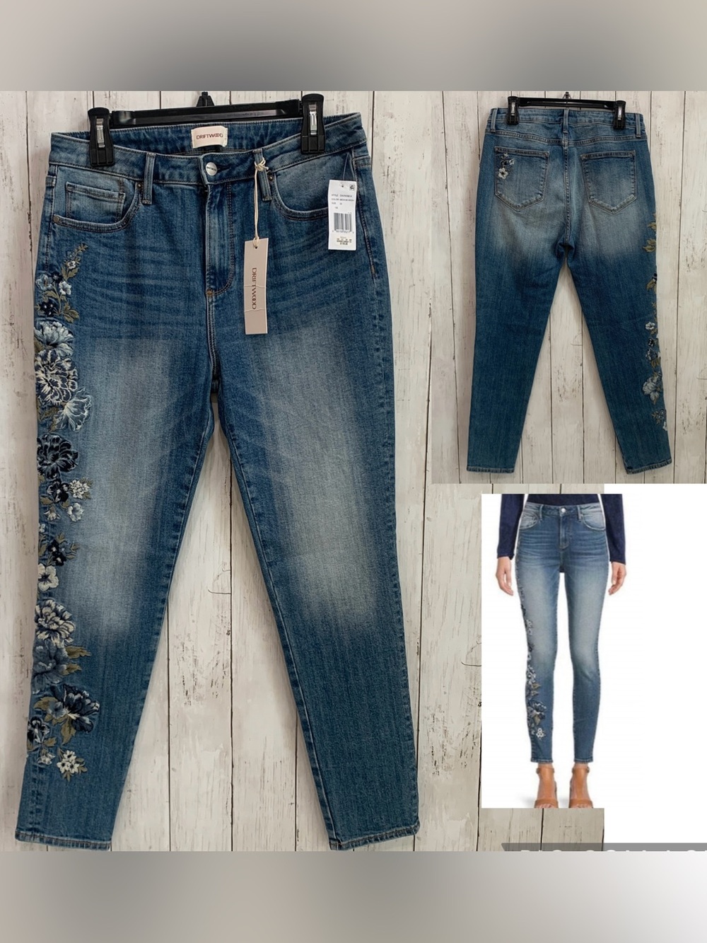 Driftwood Jackie High Rise Floral Embroidered Denim Jeans Womens 30x28 Skinny